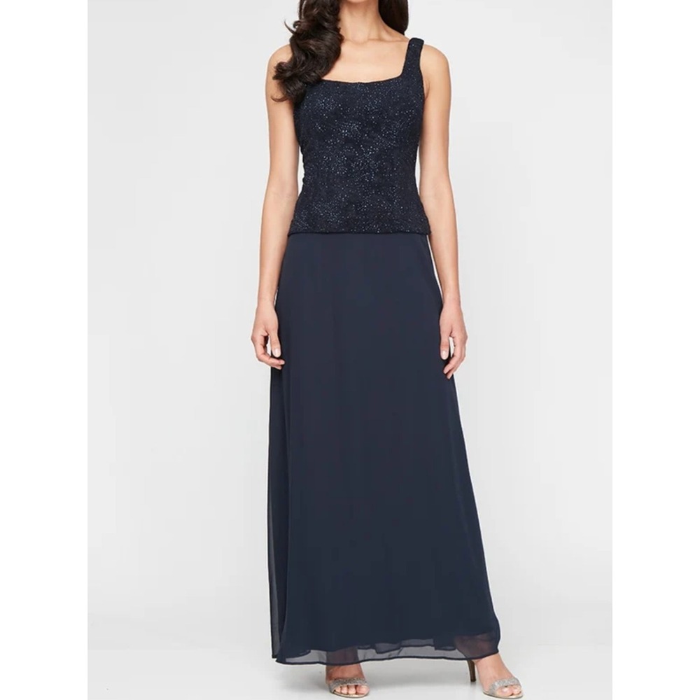 Alex Evenings Womens Navy Blue Sequin Sleeveless Formal Gown Maxi Dress Size 12